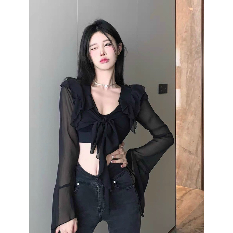 SET ÁO KIỂU CỔ V TUA RUA TAY DÀI KÈM ÁO BRA