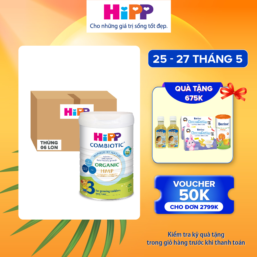 Thùng 6 lon Sữa bột công thức HiPP 3 Organic Combiotic 800g hỗ trợ tiêu hóa và tăng chiều cao 