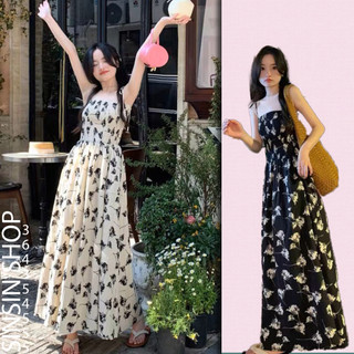 Váy 2 dây dáng dài hoa nhí maxi hai màu đen trắng có bp chun eo cao SINSIN SHOP