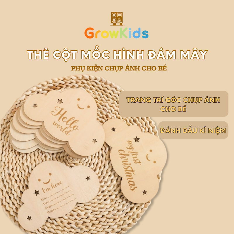 "Thẻ cột mốc tháng sinh cho bé bằng gỗ hình đám mây dễ thương Growkids, làm phụ kiện chụp ảnh/ đồ chơi cho trẻ sơ sinh