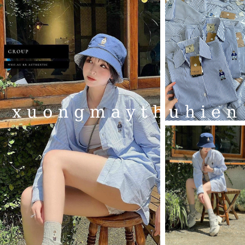 Áo sơ mi hình gấu kẻ sọc màu xanh thời trang mùa hè basic, sơ mi nữ tay dài dáng rộng chất thô mềm mát xuongmaythuhien