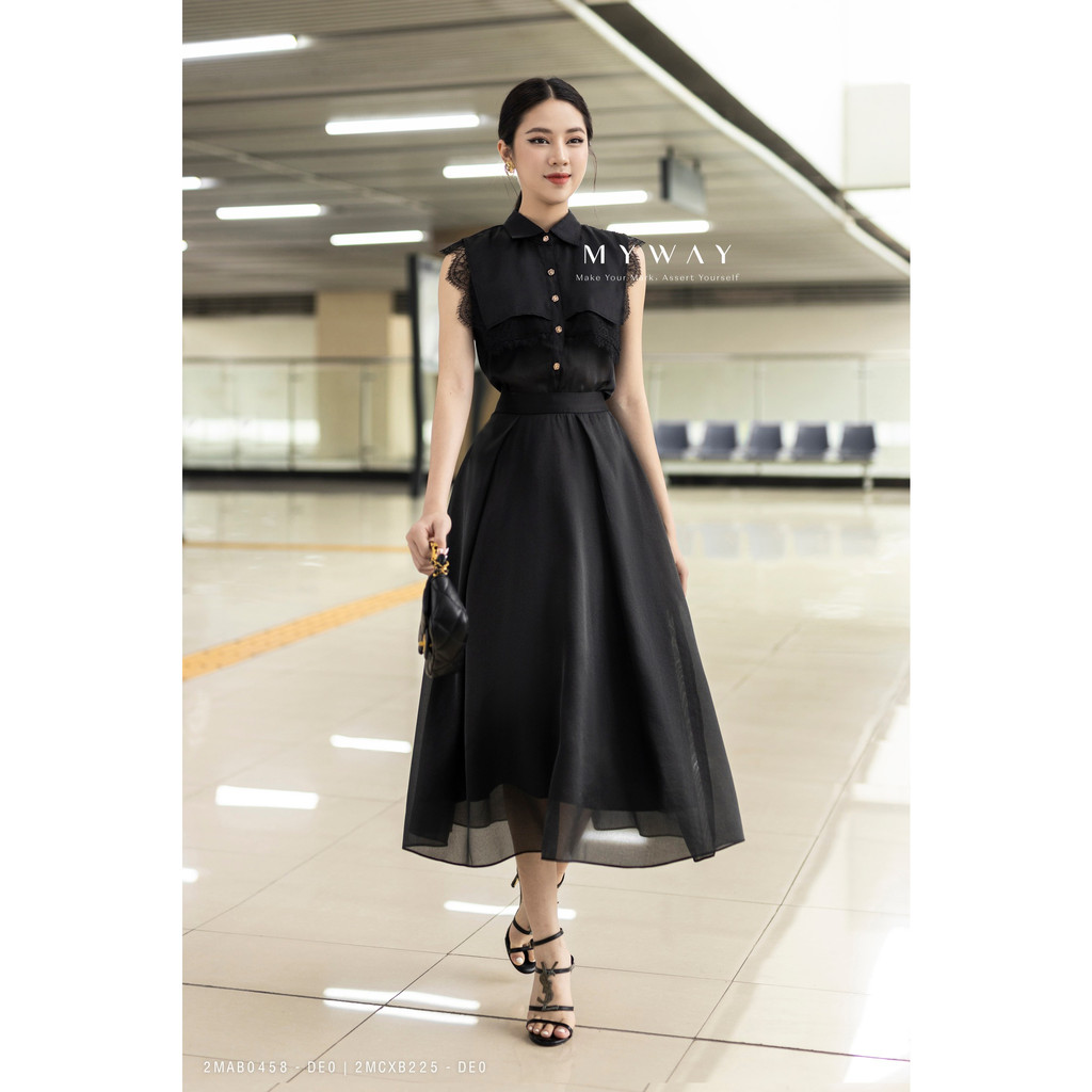 Áo Kiểu Nữ My Way Cổ Sơ Mi Không Tay Họa Tiết Ren Cao Cấp 2MAB0458