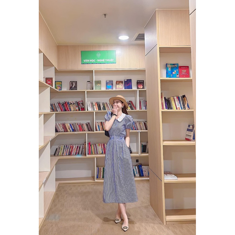 Set kẻ xanh cổ phối trắng ( ảnh thật + video)