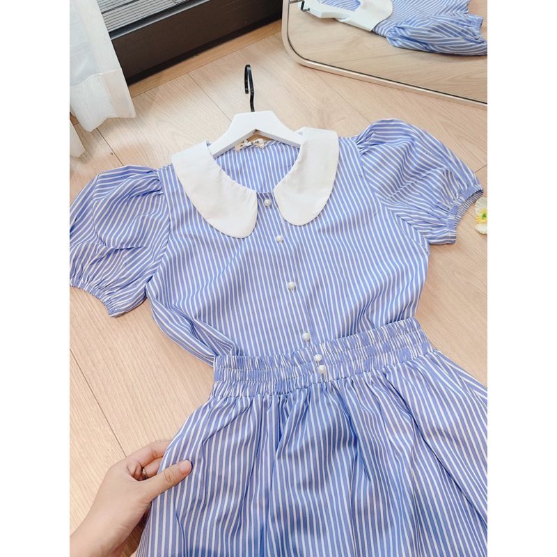 Set kẻ xanh cổ phối trắng ( ảnh thật + video)