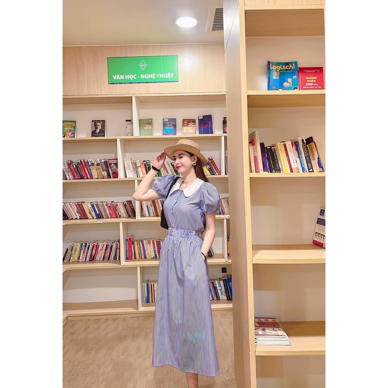 Set kẻ xanh cổ phối trắng ( ảnh thật + video)