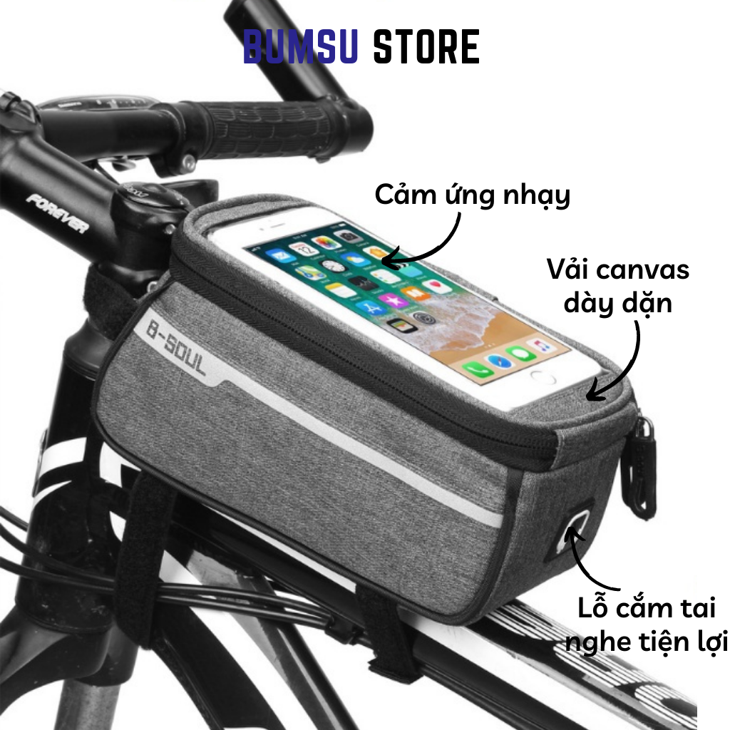 Túi treo sườn, túi treo xe đạp thể thao vải canvas dày dặn cảm ứng nhạy, lỗ cắm tai nghe tiện lợi