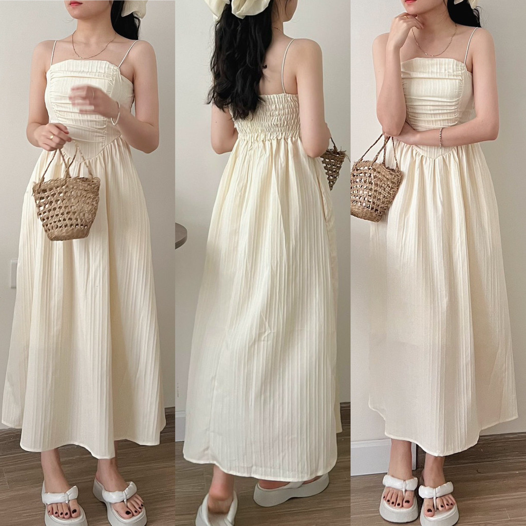 Váy Hai Dây Nữ Cúp Ngực Xếp Ly Dáng Dài Mặc 2 Kiểu Nữ Tính Siêu Xinh