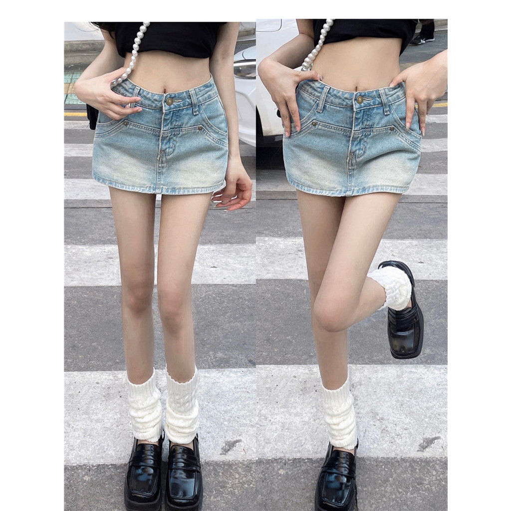 Quần giả chân váy jeans dáng ngắn sexy cho nữ, Váy bò nữ màu xanh nhạt có quần lót trong cao cấp
