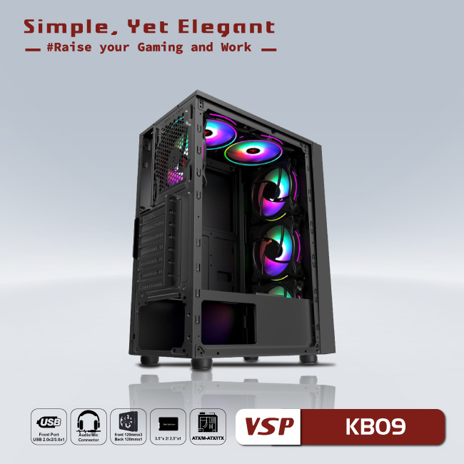 Vỏ máy tính Case VSP KB09 Gaming  Kính cường lực  - Hàng chính hãng Tech Vision phân phối