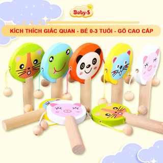 Trống lắc hình thú Baby-S, Đồ chơi gỗ đủ màu sắc cho bé làm quen với âm