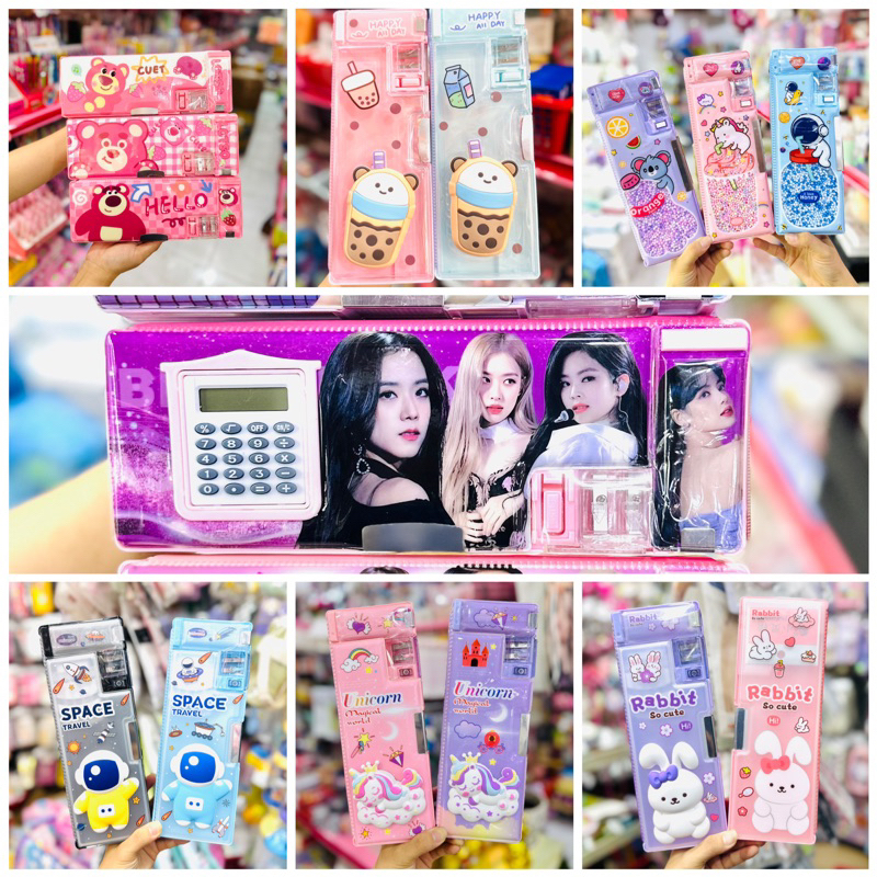 Hộp Bút Hít 2 Mặt Kèm Đồ Chuốt, Ngăn Đựng Gôm Mẫu Gấu Dâu, BlackPink, Trà Sữa Dễ Thương Cho Bé