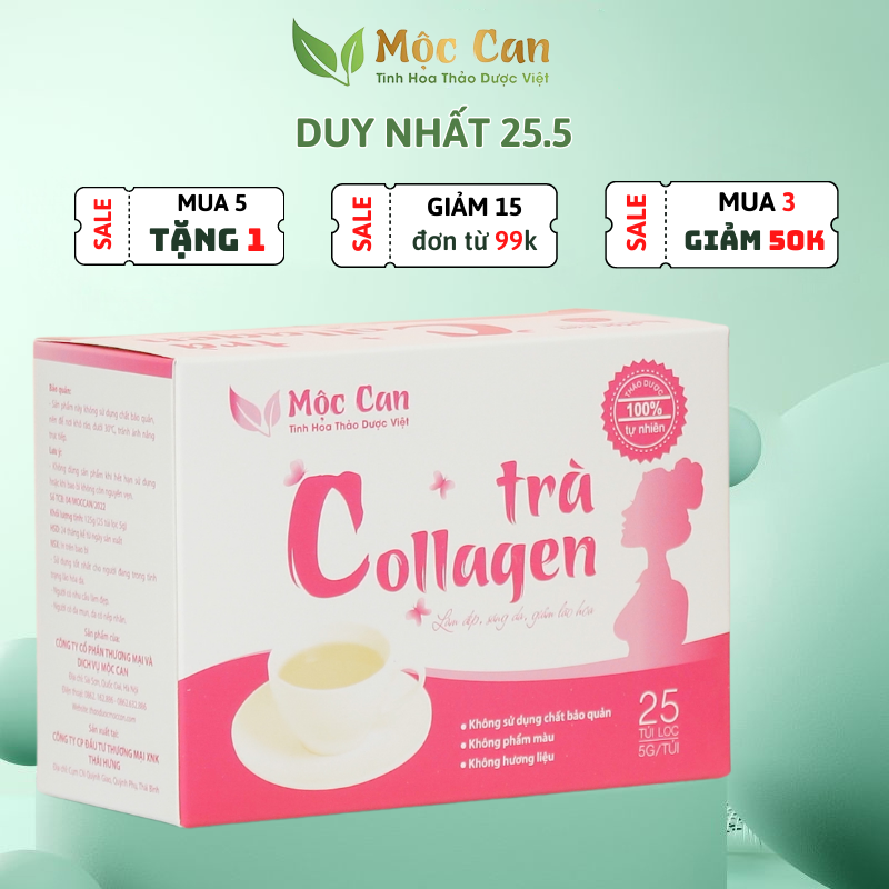 Trà Collagen Mộc Can 1 hộp 25 túi lọc bổ sung collagen dưỡng trắng da ngăn ngừa lão hoá