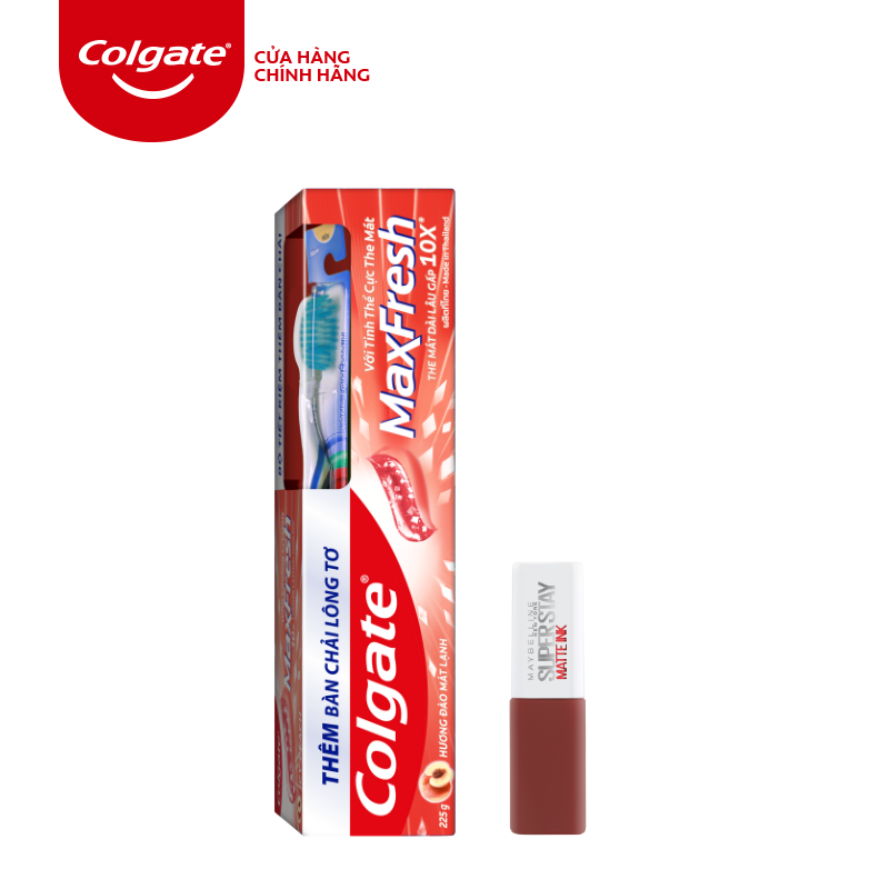 [HB Gift] Combo Kem đánh răng Colgate Maxfresh 225g kèm bàn chải và Son Kem Lì 16H Lâu Trôi Maybelline  size mini 2.7ml