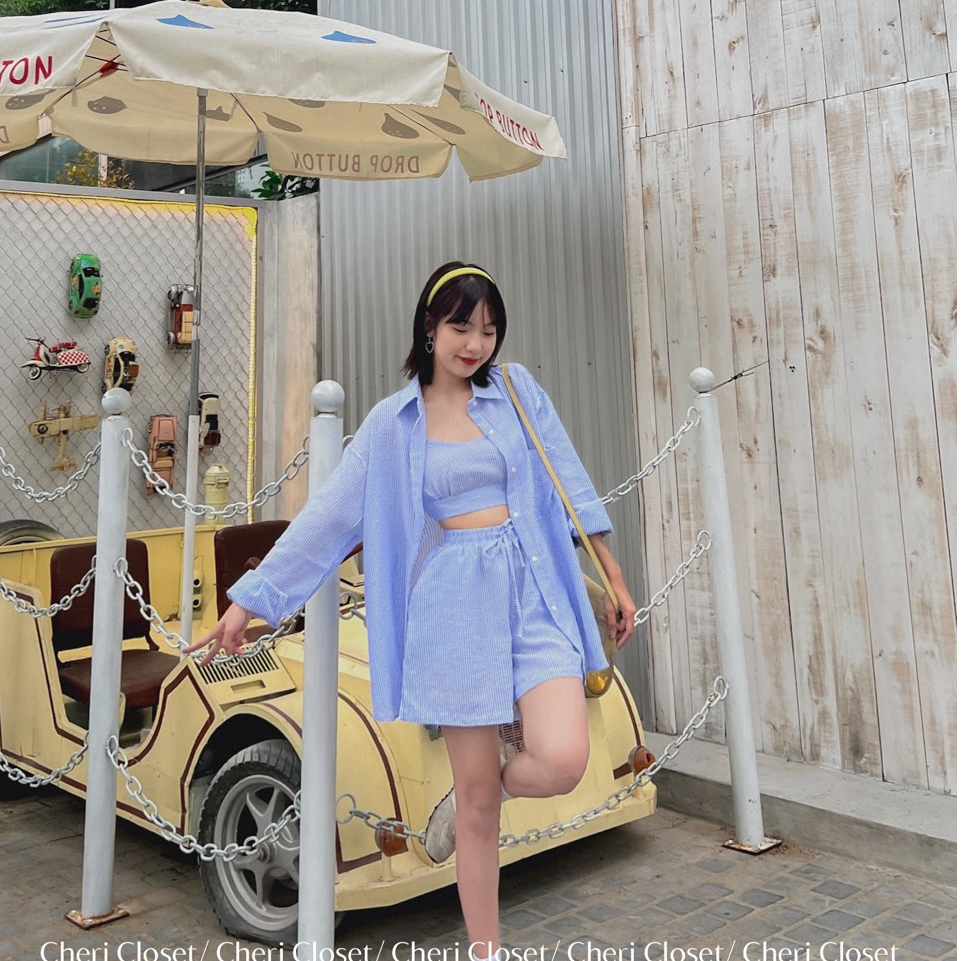 Set Áo Sơ Mi 3 Món Croptop Mix Áo 2 Dây Kèm Quần Sooc Phong Cách Hàn Quốc Dành Cho Nữ