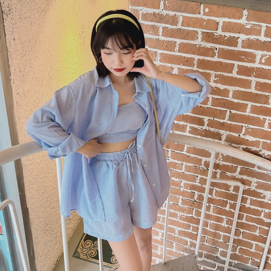 Set Áo Sơ Mi 3 Món Croptop Mix Áo 2 Dây Kèm Quần Sooc Phong Cách Hàn Quốc Dành Cho Nữ
