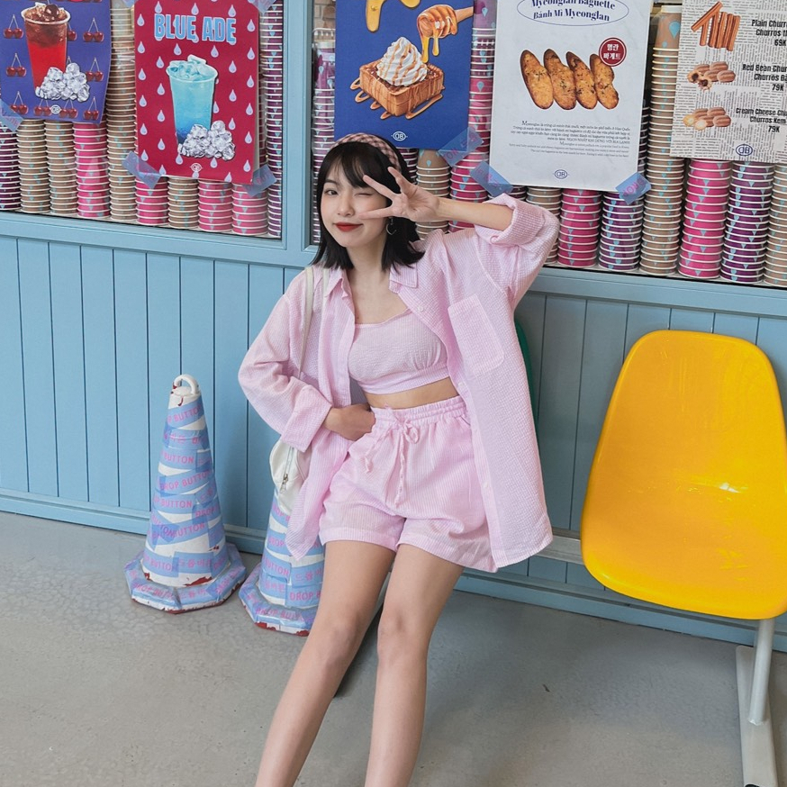 Set Áo Sơ Mi 3 Món Croptop Mix Áo 2 Dây Kèm Quần Sooc Phong Cách Hàn Quốc Dành Cho Nữ