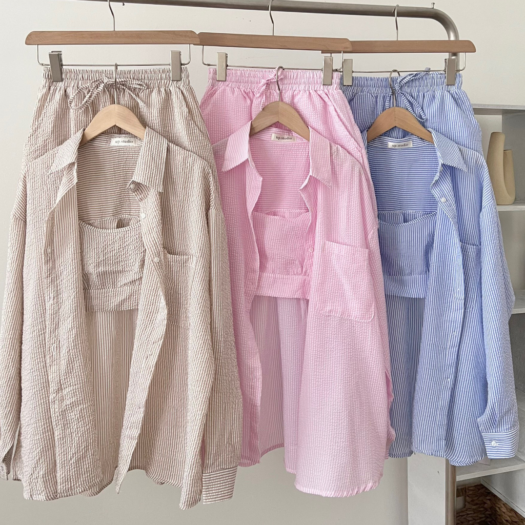 Set Áo Sơ Mi 3 Món Croptop Mix Áo 2 Dây Kèm Quần Sooc Phong Cách Hàn Quốc Dành Cho Nữ