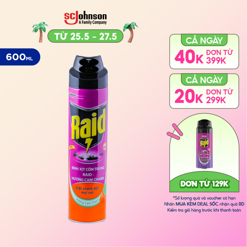Bình Xịt Côn Trùng RAID Hương Cam Chanh 600ML + Tặng Thêm 100ML