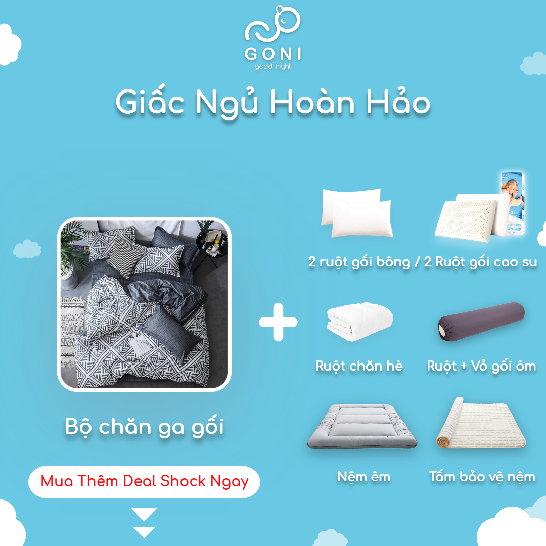 Bộ Chăn Ga Gối Cotton Tici GONI Họa Tiết Hoa Văn Vuông Tinh Tế Drap Giường Đủ Kích Thước Trải Nệm Không Kèm Ruột