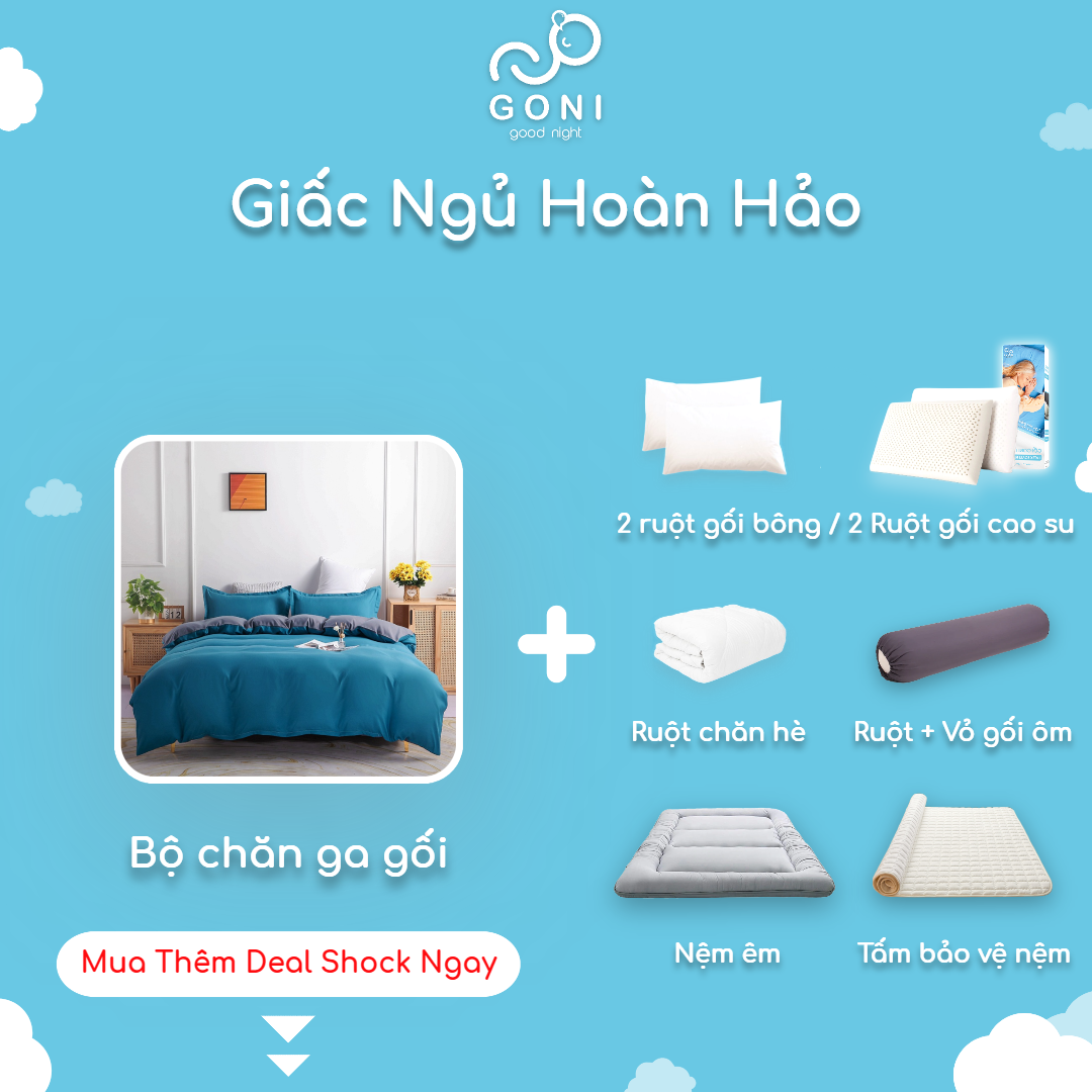 Bộ Chăn Ga Gối Cotton Tici GONI Drap Giường Phối Màu Xanh Nước Biển Xám Đủ Kích Thước Trải Nệm Không Kèm Ruột