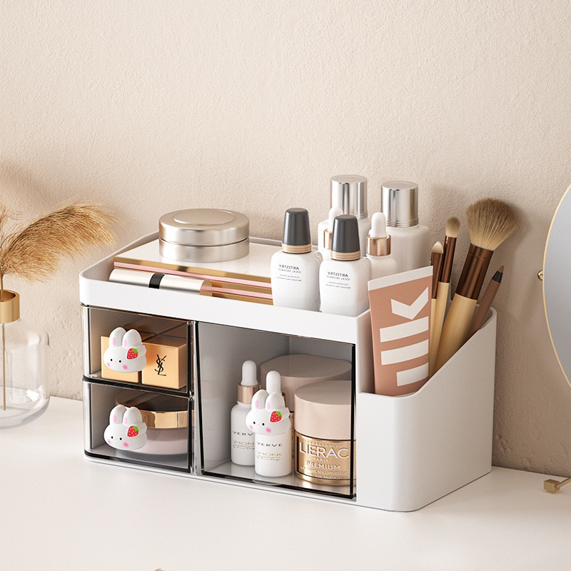 Kệ đựng bút đồ dùng học tập hộp lưu trữ văn phòng phẩm để bàn học sinh dễ thương 3 ngăn kéo và 1 ngăn cắm đồ tai thỏ