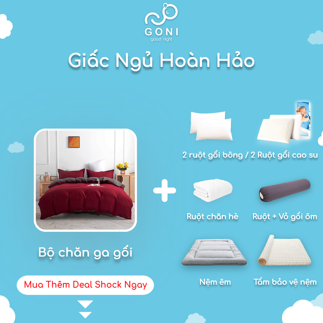 Bộ Chăn Ga Gối Cotton Tici GONI Drap Giường Màu Đỏ Mận Xám Đủ Kích Thước Trải Nệm Không Kèm Ruột