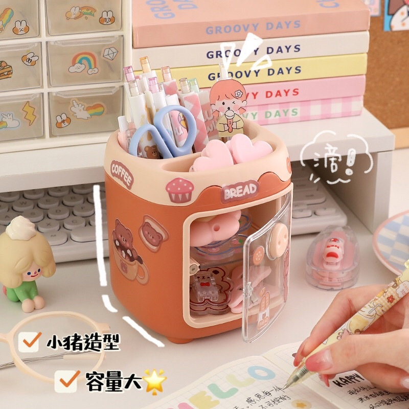 Hộp đựng bút hình heo dễ thương ống để bút nhiều ngăn trang trí văn phòng bàn học tặng kèm sticker