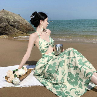[HÀNG QC] Đầm maxi họa tiết xanh lá gợi cảm