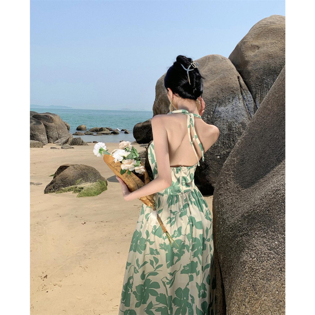 Đầm maxi họa tiết xanh lá gợi cảm