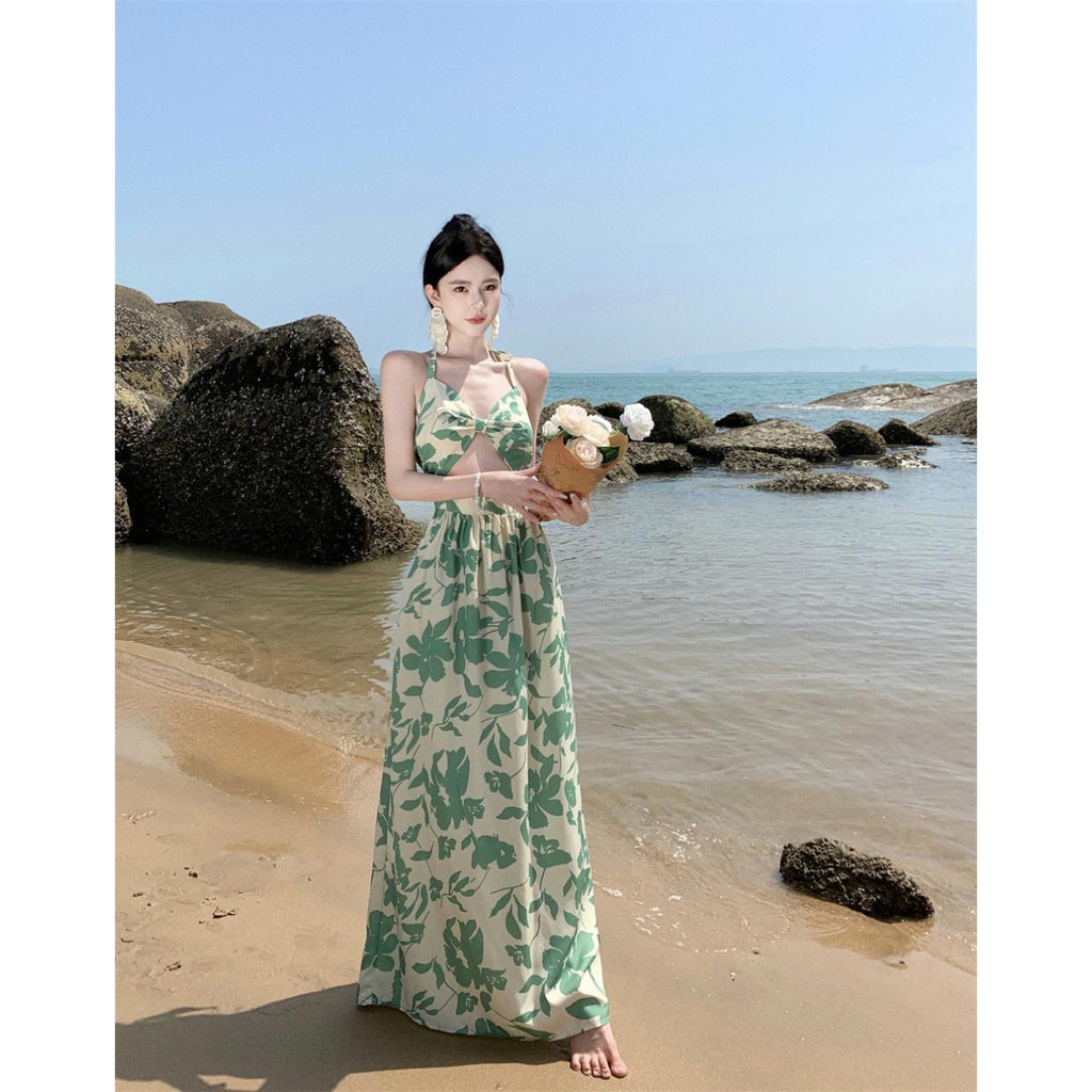 Đầm maxi họa tiết xanh lá gợi cảm