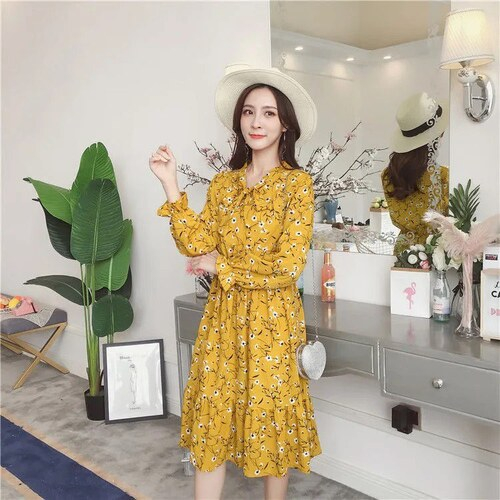 Váy hoa nhí dáng dài chữ A, đầm voan vintage Hàn Quốc