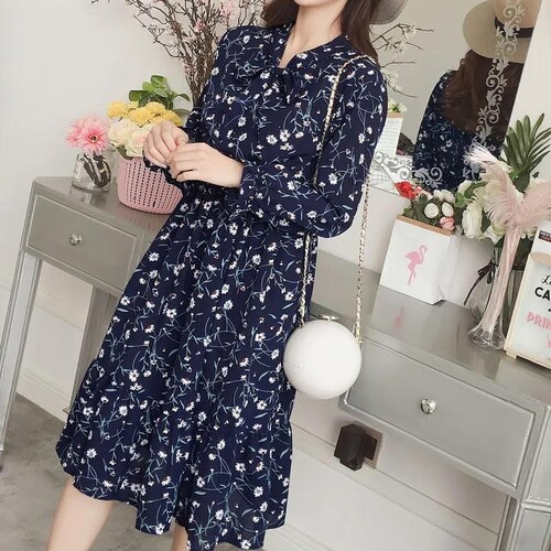 Váy hoa nhí dáng dài chữ A, đầm voan vintage Hàn Quốc