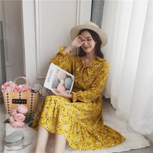 Váy hoa nhí dáng dài chữ A, đầm voan vintage Hàn Quốc