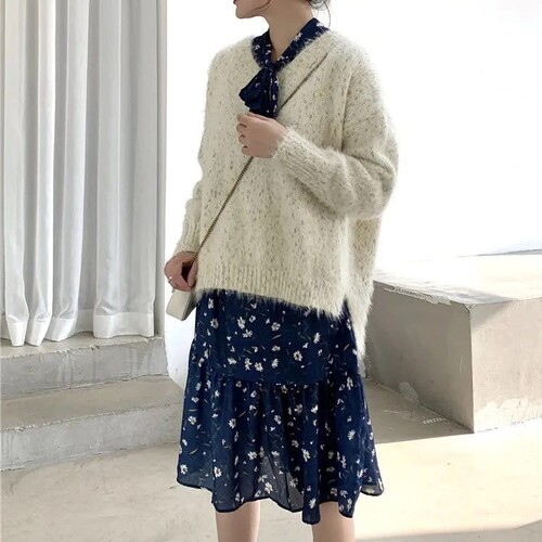 Váy hoa nhí dáng dài chữ A, đầm voan vintage Hàn Quốc