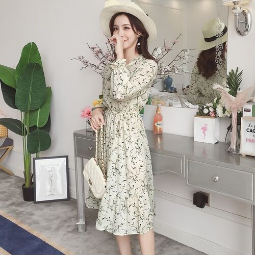 Váy hoa nhí dáng dài chữ A, đầm voan vintage Hàn Quốc