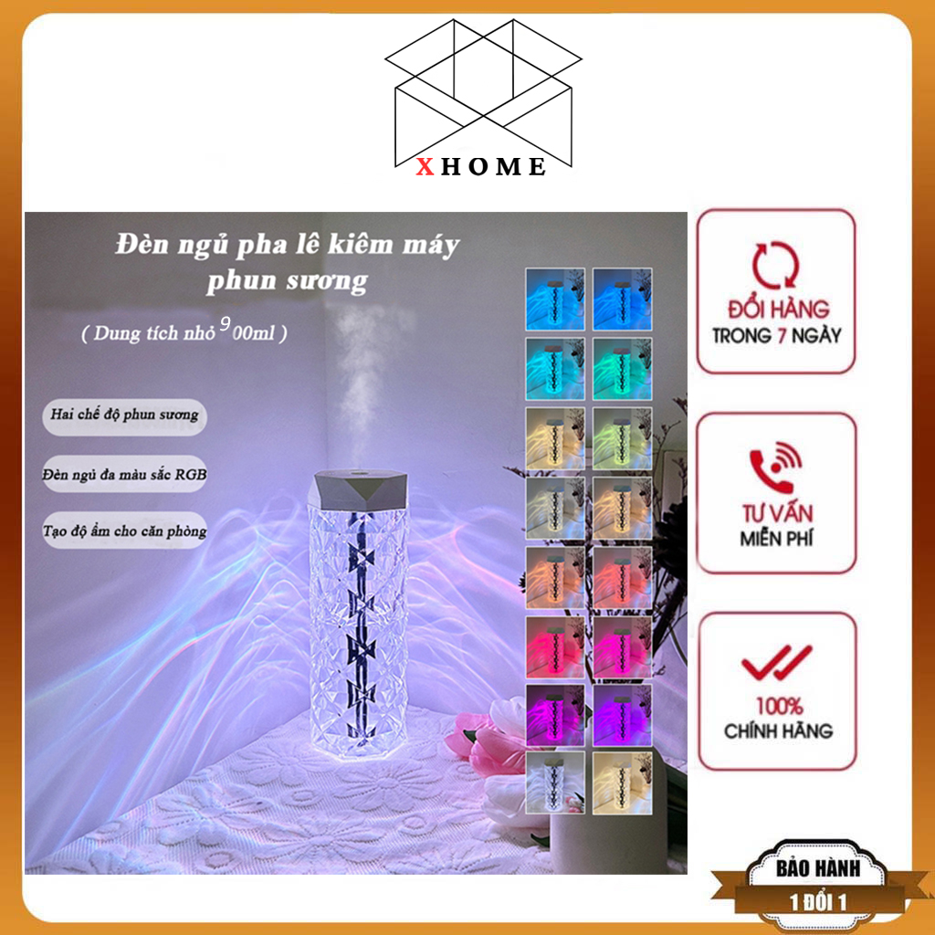 Máy Phun Sương Tạo Độ Ẩm Phòng Dung Tích Lớn 1000ml Máy Xông Tinh Dầu Kiêm Đèn LED Pha Lê Decor Nhiều Màu Cao Cấp XHomme