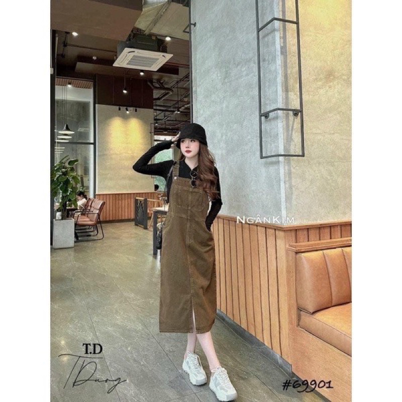 Yếm bò màu nâu mẫu mới phong cách Hàn Quốc, YẾM NÂU DÁNG VÁY 3 SIZE SML