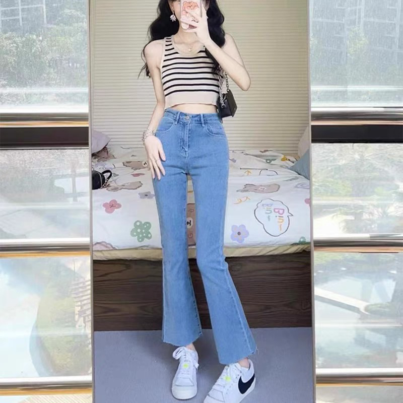 ( video ảnh thật)Quần jean ống loe , quần jean lửng nữ lưng cao vải bò Quảng Châu cao cấp hàng loại 1 chất co dãn | BigBuy360 - bigbuy360.vn