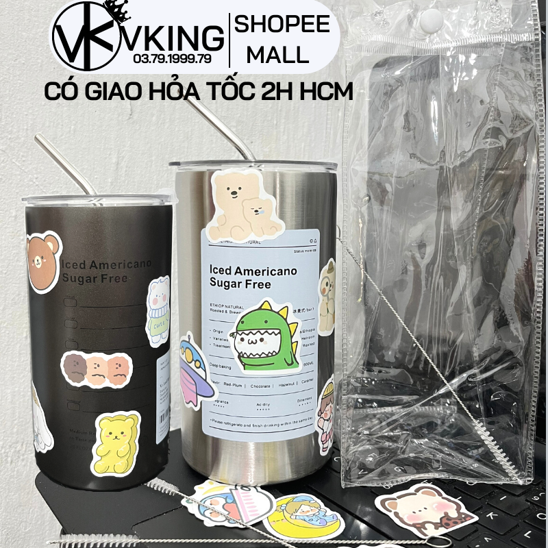 Ly cốc giữ nhiệt HOHO inox 304 iced americano đúc đặc không gỉ có ống hút, cọ và túi tiện lợi hàng chính hãng