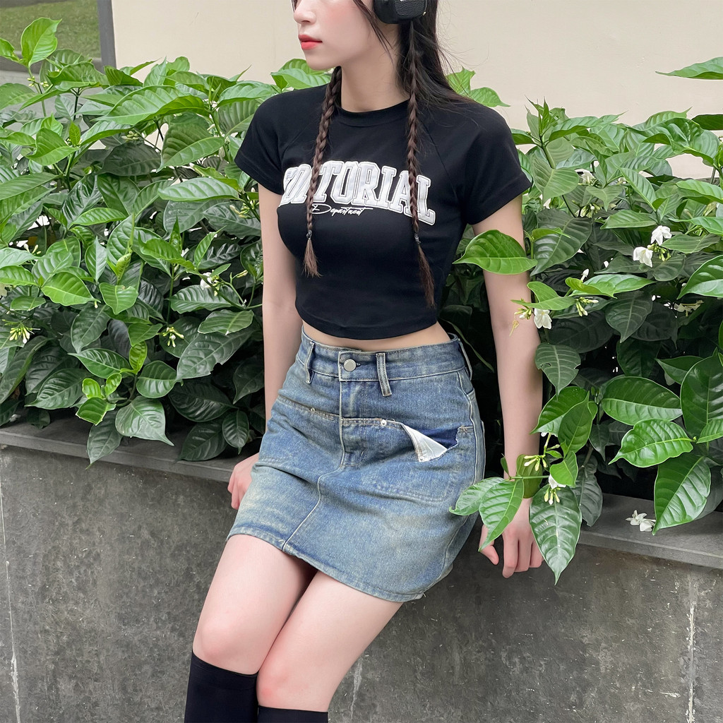 Chân váy ngắn jean chữ A cạp cao lai cuốn, chân váy jeans baggy túi trái rách S4BL02 - Jeanboo