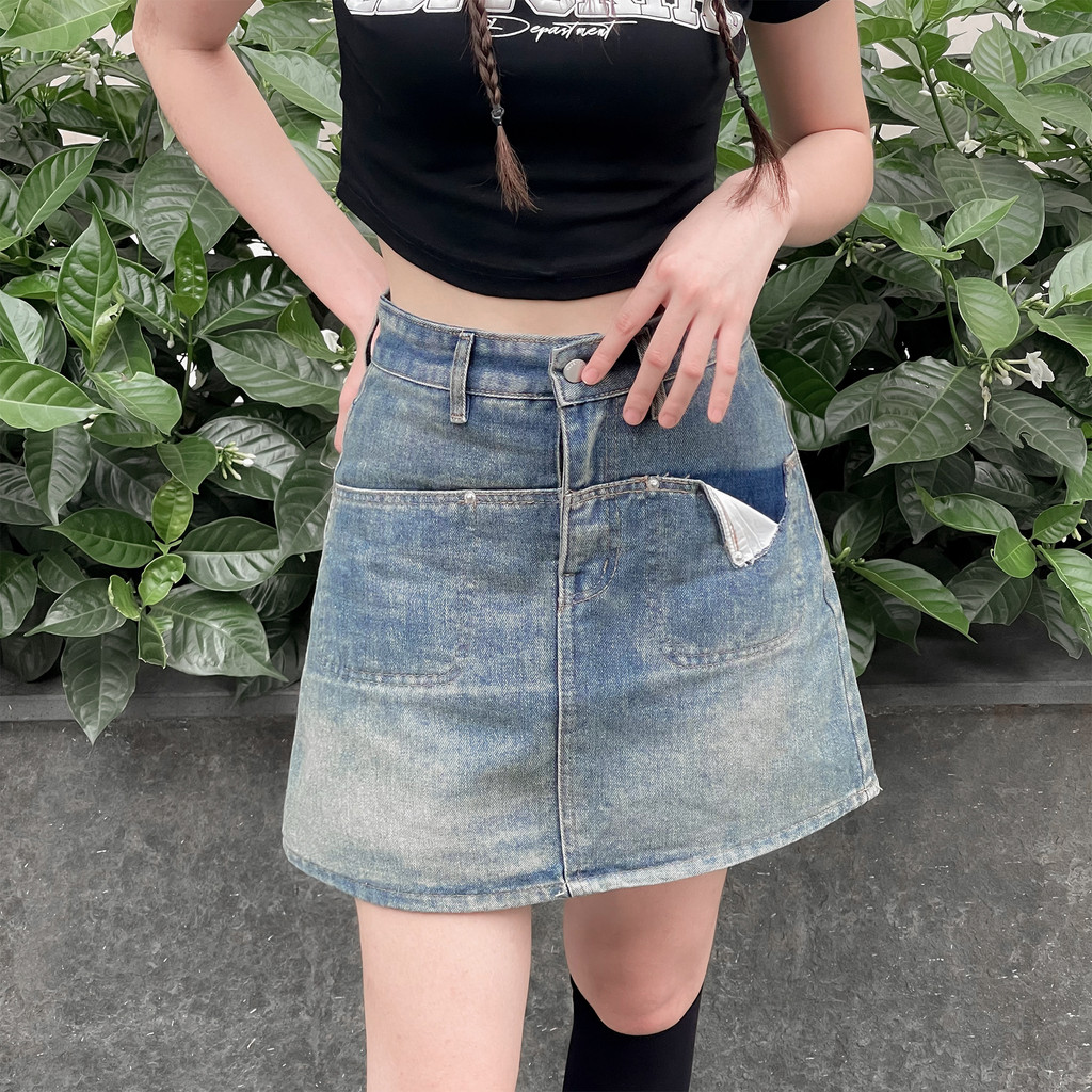 Chân váy ngắn jean chữ A cạp cao lai cuốn, chân váy jeans baggy túi trái rách S4BL02 - Jeanboo