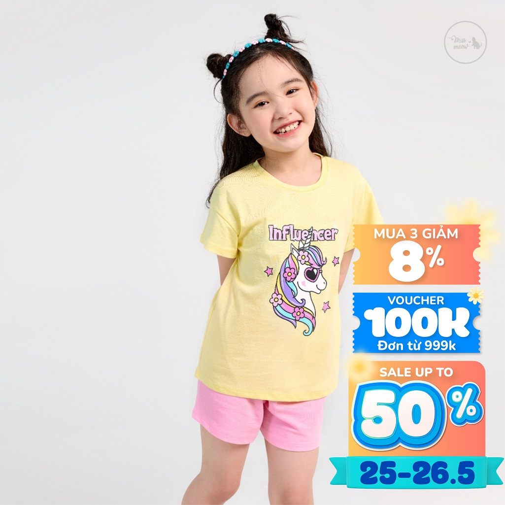 Set Đồ Bộ Cộc Tay Cho Bé Gái Bigfox-Miss Meow Mặc Mùa Hè Chất Thun Cotton Họa Tiết Kỳ Lân Size Đại Trẻ Em 3,8 tuổi