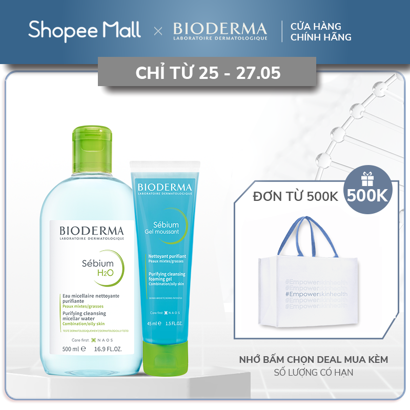 Bộ nước tẩy trang và làm sạch công nghệ Micellar cho da dầu, mụn Bioderma Sebium H2O 500ml và Gel rửa mặt tạo bọt 45ml