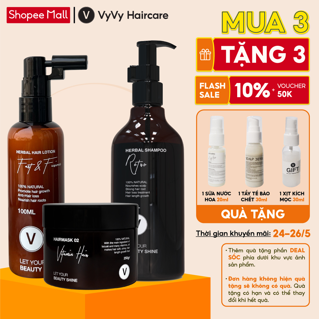 Bộ sản phẩm gội ủ xịt giảm rụng kích mọc cho da đầu khỏe tóc bóng mượt combo 6 vyvyhaircare V 630ml
