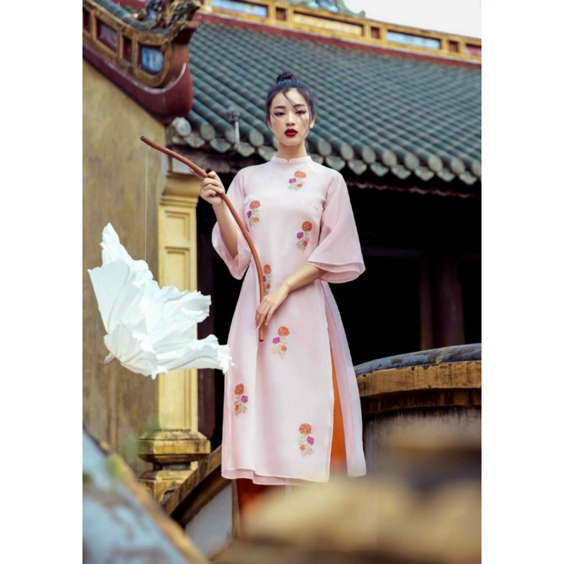 🔥MIỄN SHIP🔥 Áo dài tơ dáng suông chiết eo cách tân thêu hoa cao cấp - Áo dài TC - AD20