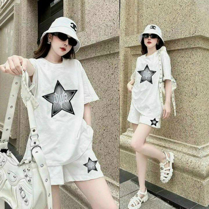 Set bộ thể thao áo thun ngắn tay cổ tròn in hình ngôi sao kèm quần đùi, Set bộ nữ short thun cotton ống rộng