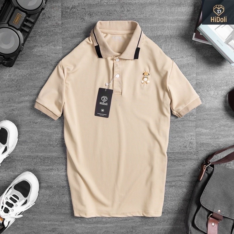 Áo polo cổ bẻ thêu hình gấu, vải cotton mềm mịn cho bé