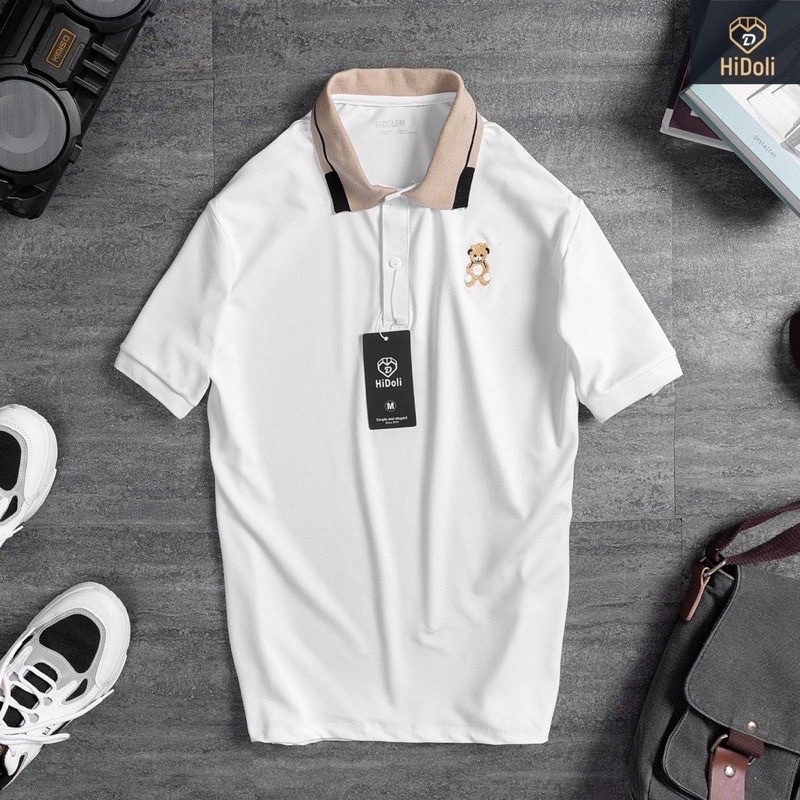 Áo polo cổ bẻ thêu hình gấu, vải cotton mềm mịn cho bé