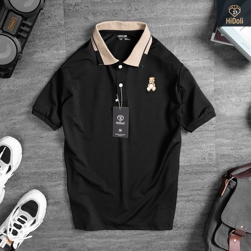 Áo polo cổ bẻ thêu hình gấu, vải cotton mềm mịn cho bé