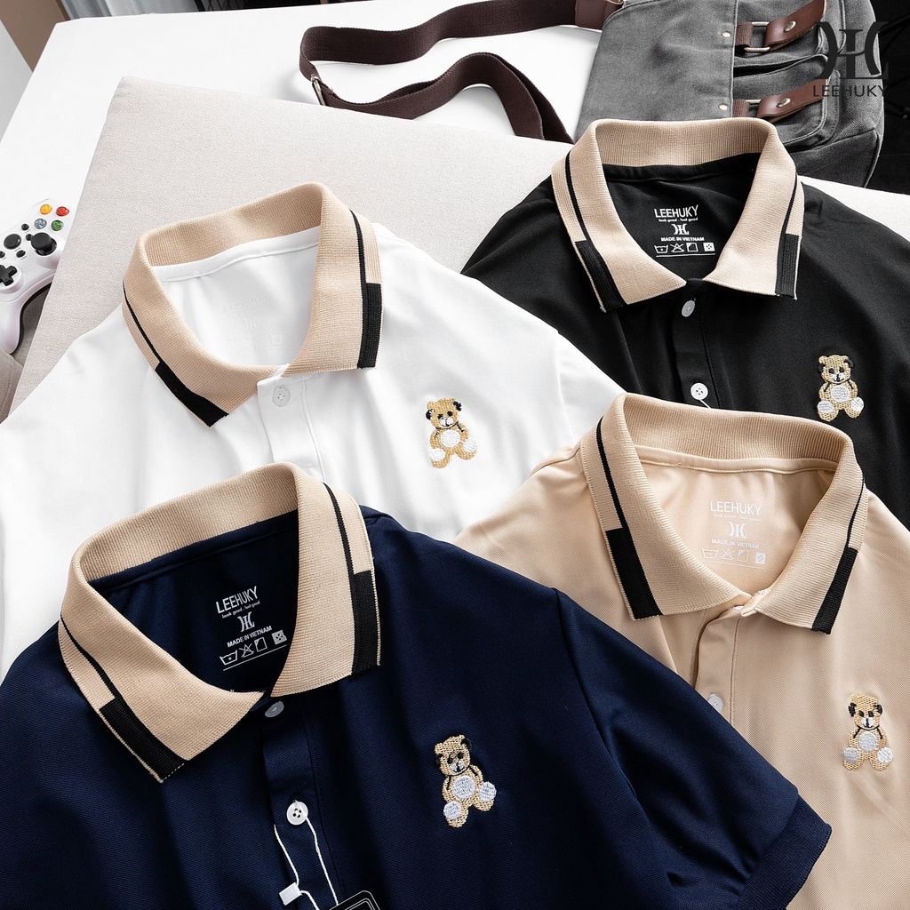 Áo polo cổ bẻ thêu hình gấu, vải cotton mềm mịn cho bé